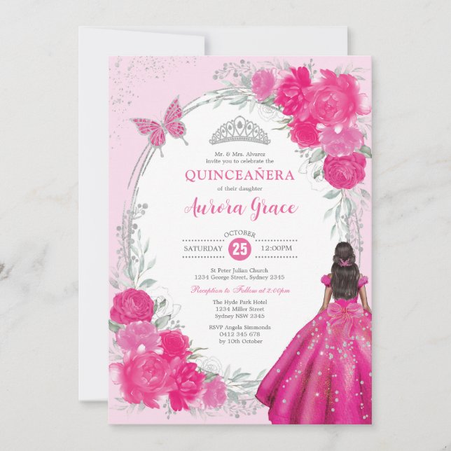 Fuchsia Silver Quinceañera Flower 15th Birthday Invitation (Front)