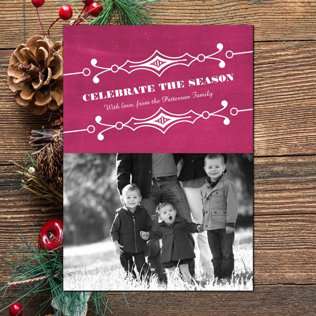 Fuchsia Slanted Chalkboard Holiday Photo Flat Card (Fuchsia Slanted Chalkboard Holiday Photo Card)