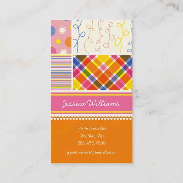 Fuchsia Stripes Dots Checks Scribble Combo Pattern Business Card (Front)