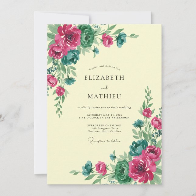 Fuchsia Teal Lush Floral Wedding Invitation (Front)