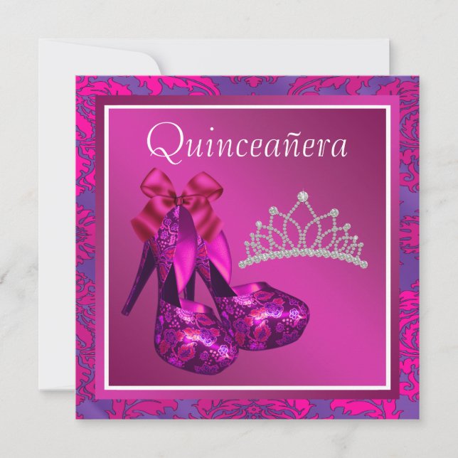 Fuchsia Tiara High Heel Shoes Hot Pink Quinceanera Invitation (Front)