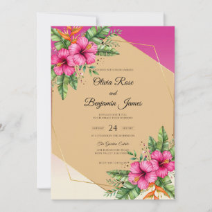 Fuchsia Tropical Hibiscus Grey Eucalyptus Wedding Invitation