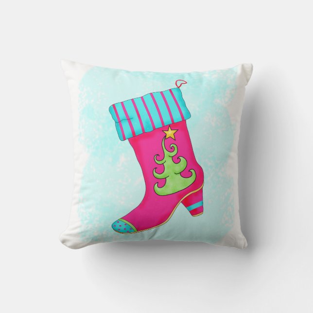 Fuchsia Turquoise Christmas Stocking Decorative Cushion (Front)