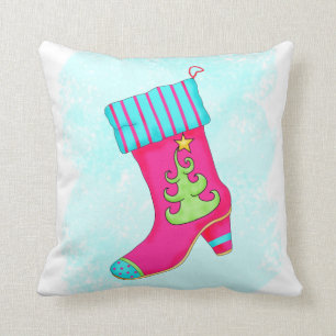 Fuchsia Turquoise Christmas Stocking Decorative Cushion