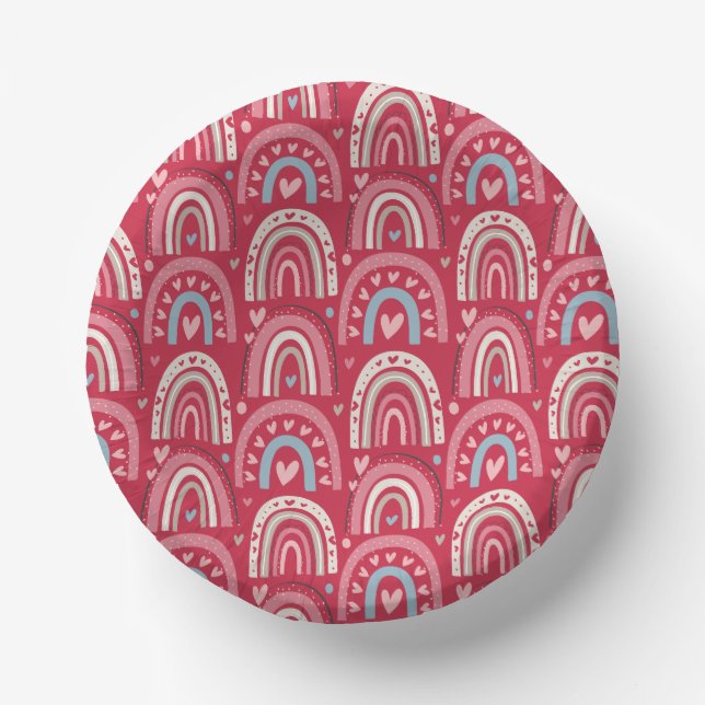 Fuchsia Valentines Day Rainbows Paper Plate (Front)