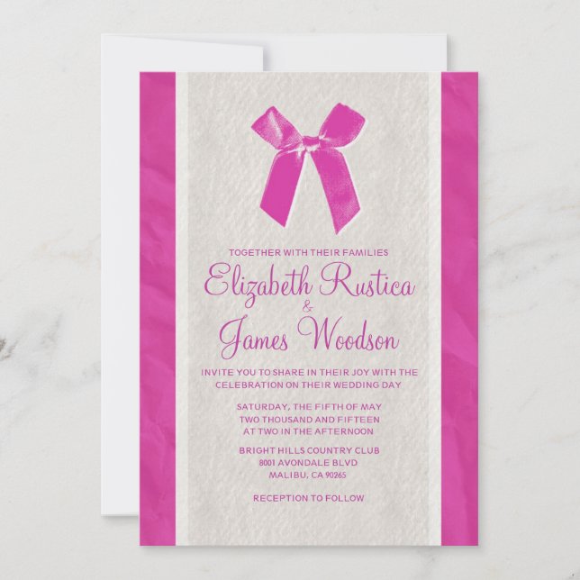 Fuchsia Vintage Bow & Linen Wedding Invitations (Front)
