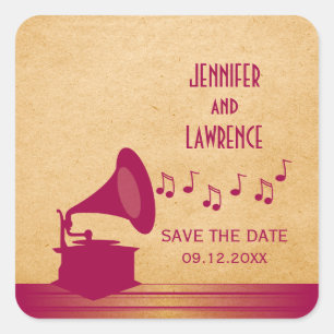 Fuchsia Vintage Gramophone Save the Date Stickers