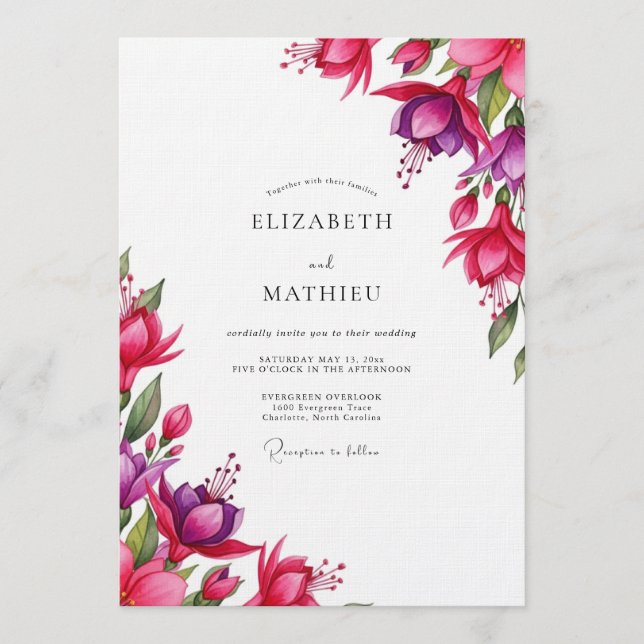 Fuchsia Watercolor Bloom Wedding Invitation (Front)