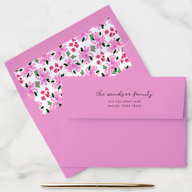 Fuchsia Watercolor Floral Garden Envelope (Fuchsia pink return address envelope with beautiful watercolor floral garden liner.)