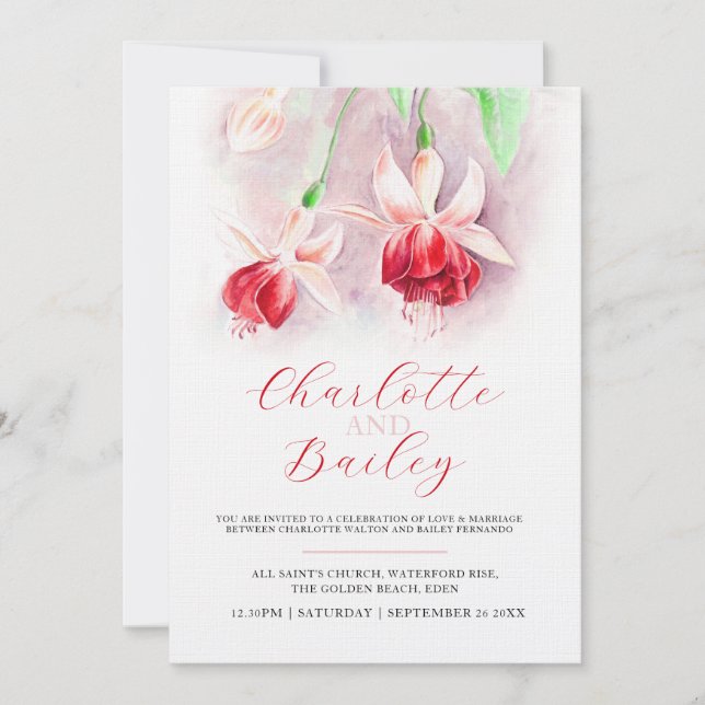 Fuchsia watercolor red pink art wedding invitation (Front)
