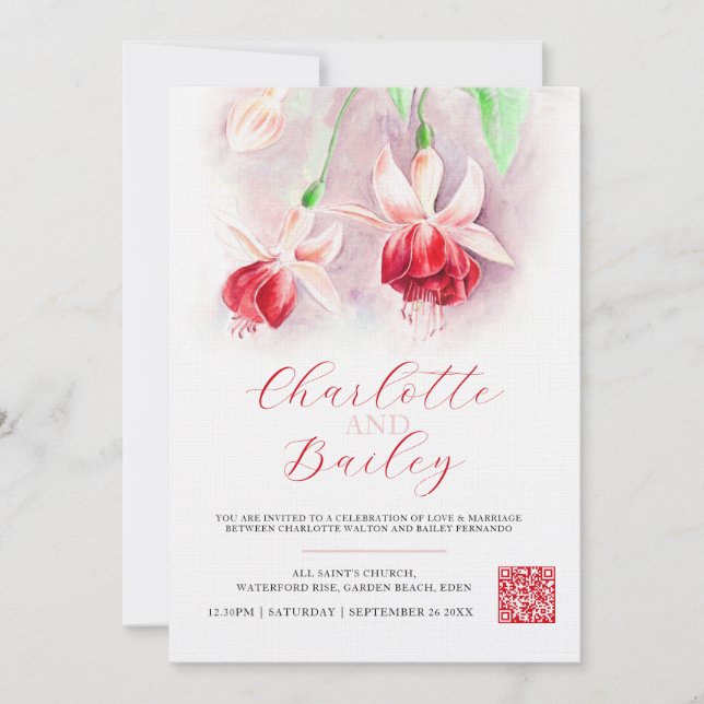 Fuchsia watercolor red pink art wedding photo invitation (Front)