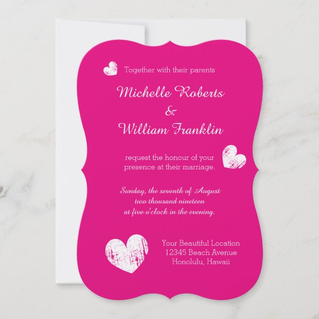 Fuchsia wedding invitations | hot neon pink colour (Front)