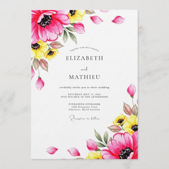 Fuchsia Whimsical Floral Wedding Invitation (Front)