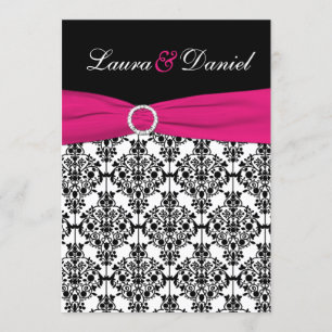 Fuchsia, White, Black Damask Wedding Invitation
