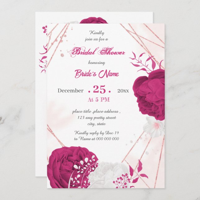 fuchsia & white floral geometric bridal shower invitation (Front/Back)
