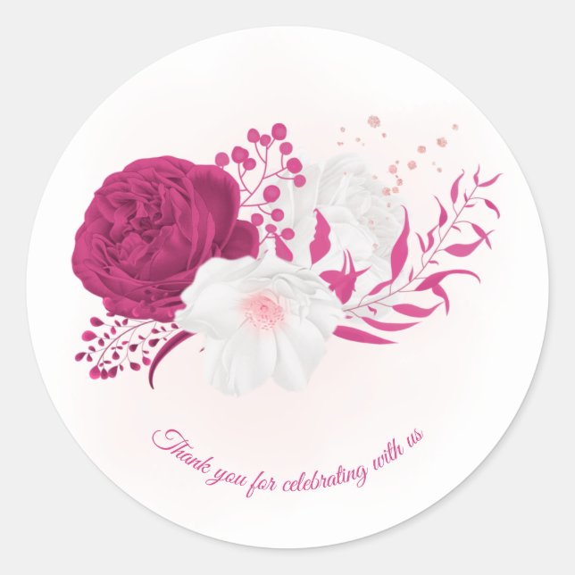 fuchsia & white floral wedding classic round sticker (Front)