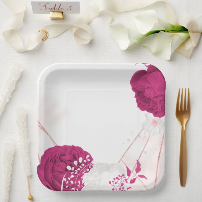 fuchsia & white floral wedding paper plate (Wedding)
