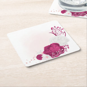fuchsia & white floral wedding square paper coaster
