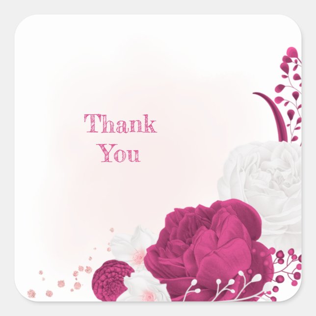 fuchsia & white floral wedding square sticker (Front)