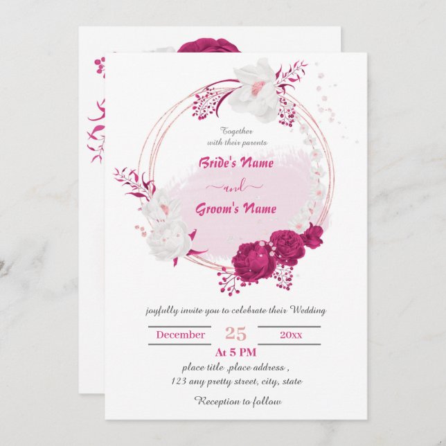 fuchsia & white floral wreath wedding invitation (Front/Back)
