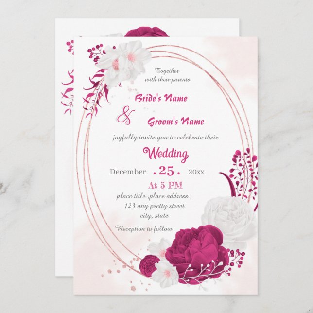 fuchsia & white floral wreath wedding invitation (Front/Back)