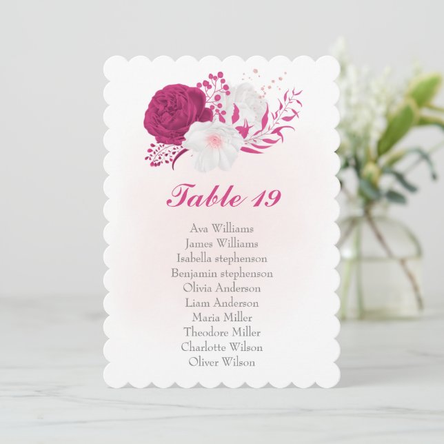 fuchsia white flowers botanical seating chart card (Standing Front)