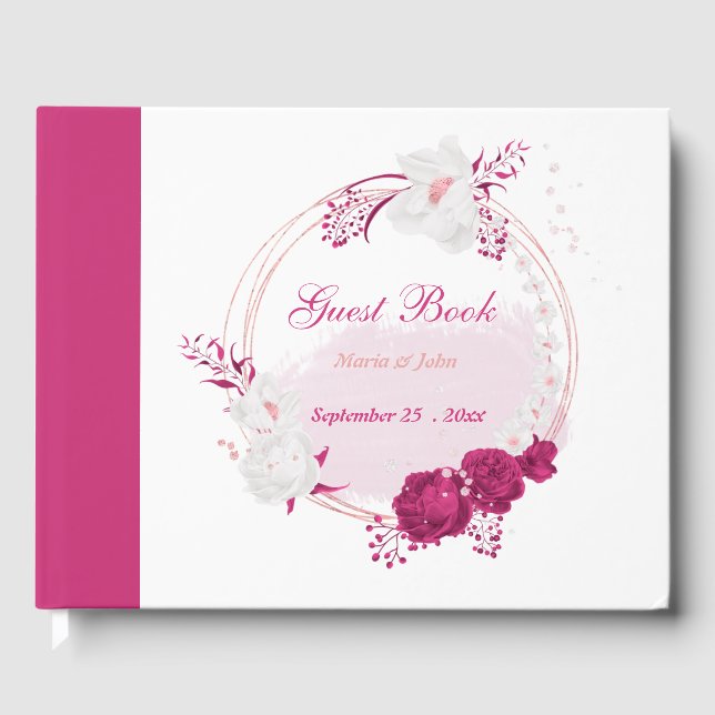 fuchsia & white flowers botanical wreath guest book (Front)