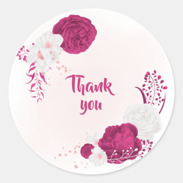 fuchsia & white flowers thank you classic round sticker (Front)