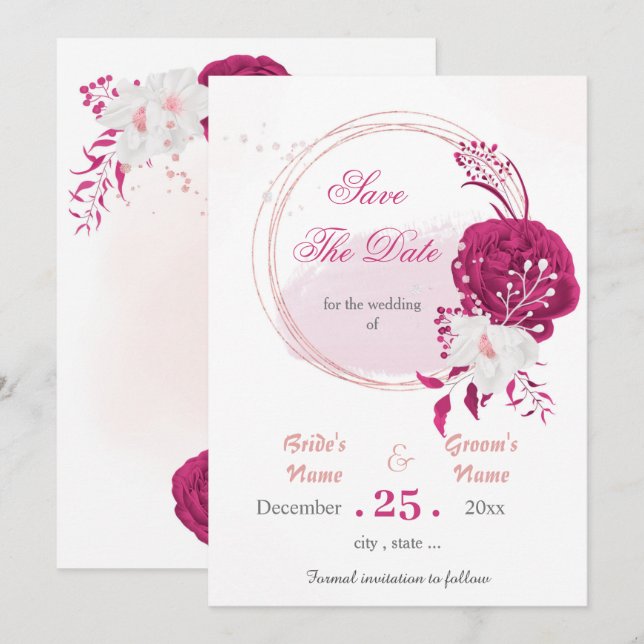 fuchsia & white flowers wreath save the date invitation (Front/Back)