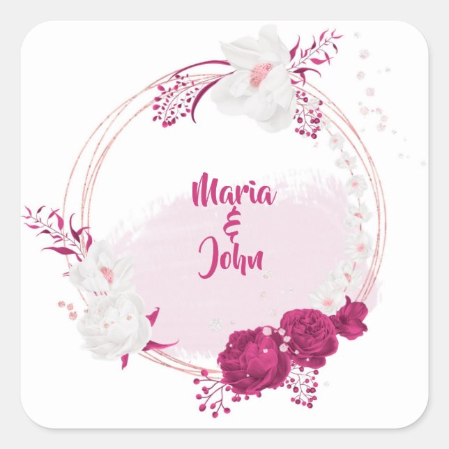 fuchsia & white flowers wreath square sticker (Front)