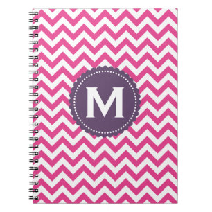 Fuchsia White Monogram Chevron Pattern Notebook
