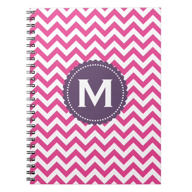 Fuchsia White Monogram Chevron Pattern Notebook (Front)