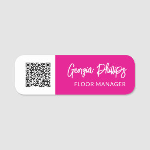 Fuchsia & White QR Code Brush Script Name Tag