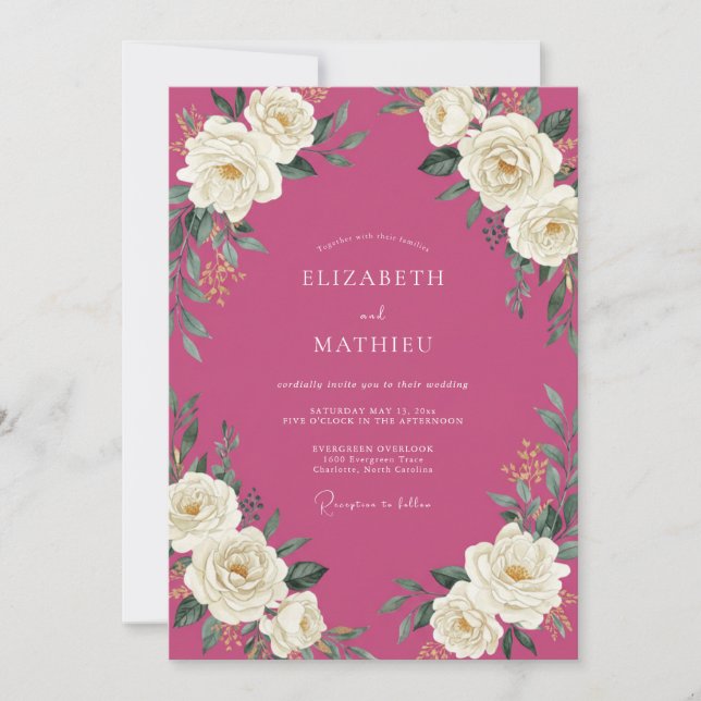 Fuchsia White Rose Wedding Invitation (Front)