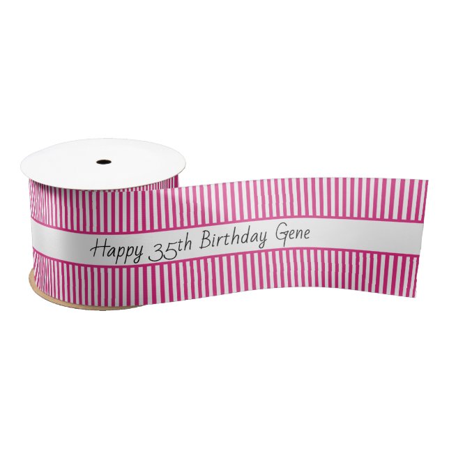 Fuchsia/White Stripe Pattern Happy Birthday Satin Ribbon (Spool)