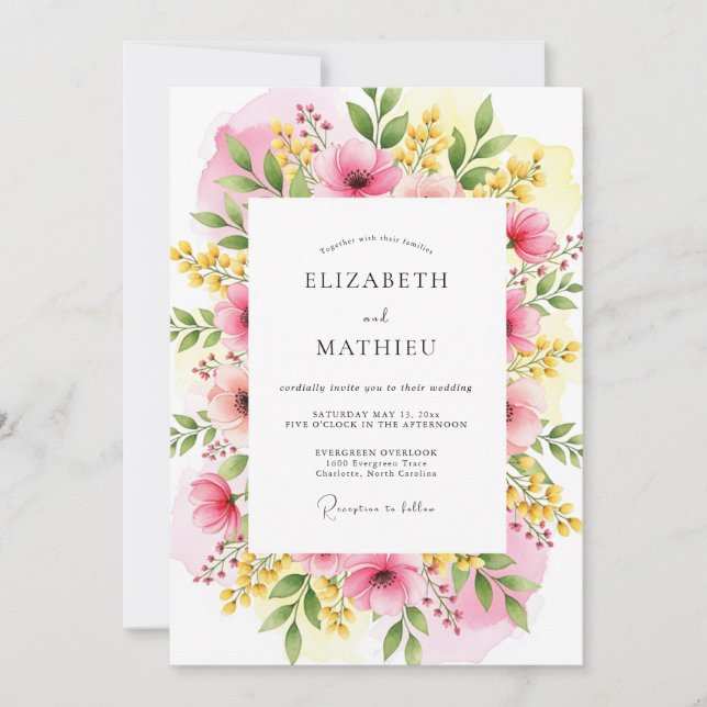Fuchsia Yellow Vivacious Meadow Wedding Invitation (Front)
