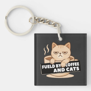 Fueled by Coffee and Cats Cute Sleepy Cat Design Key Ring