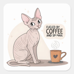 Fueled by Coffee and Sphynx Cat Illustration Square Sticker