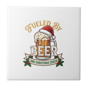 Fuelled Beer Christmas Cheer Mug Santa Hat Holly Ceramic Tile
