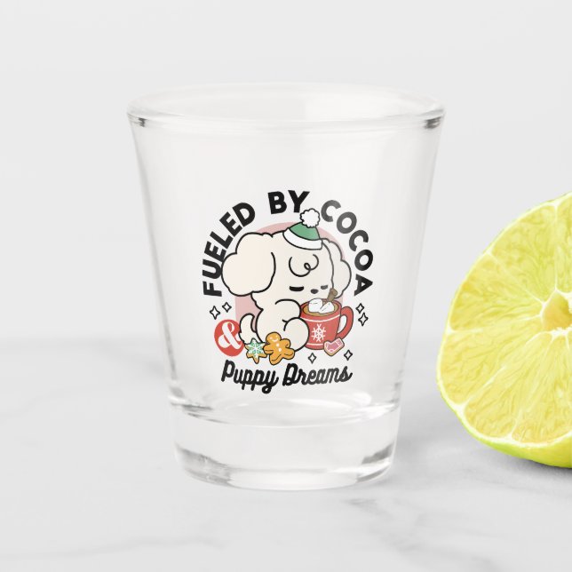 Fuelled by Cocoa and Puppy Dreams – Cute Winter Do Shot Glass (Front)
