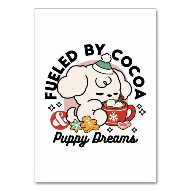 Fuelled by Cocoa and Puppy Dreams – Cute Winter Do Table Number (Front)