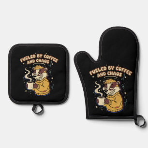 Fuelled By Coffee And Chaos Funny Retro Badger Oven Mitt & Pot Holder Set