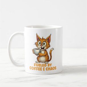 Fuelled By Coffee & Chaos, Funny Cat With Coffee Mug
