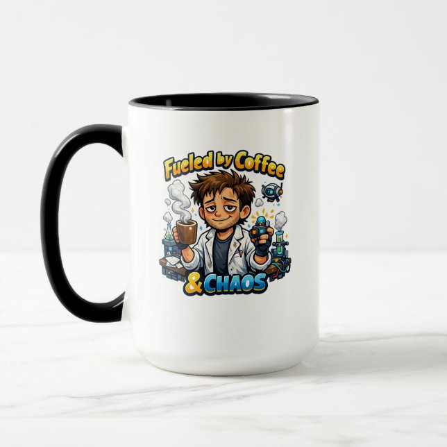 Fuelled by Coffee & Chaos – Funny Scientist Mug (Left)