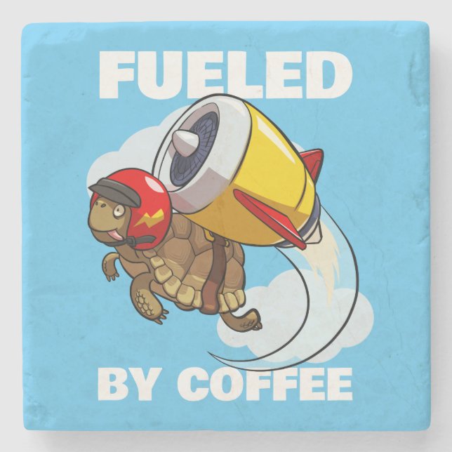 Fuelled By Coffee Funny Flying Tortoise Cartoon Stone Coaster (Front)