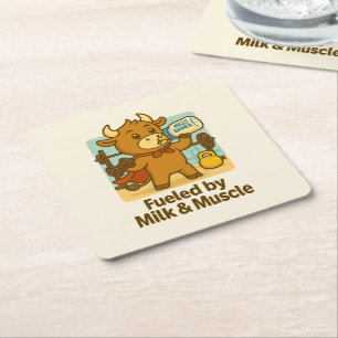 Fuelled by Milk & Muscles – Bullio the Hero Square Paper Coaster