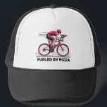 Fuelled By Pizza Cyclist Trucker Hat<br><div class="desc">Your bicycle is fuelled solely by pizza,  lots and lots of pizza! This slick design is a road cyclist eating a piece of pizza while riding!</div>