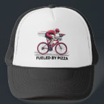 Fuelled By Pizza Cyclist Trucker Hat<br><div class="desc">Your bicycle is fuelled solely by pizza,  lots and lots of pizza! This slick design is a road cyclist eating a piece of pizza while riding!</div>