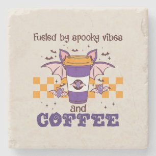 Fuelled By Spooky Vibes and Coffee – Halloween Bat Stone Coaster