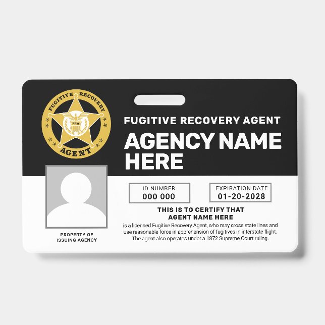 FUGITIVE RECOVERY AGENT BADGE  ID BADGE (Front)